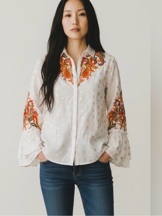 Soft Surroundings Tops - Soft Surroundings Flamenco Embroidered Button Down Blouse M NWOT Paisley Floral